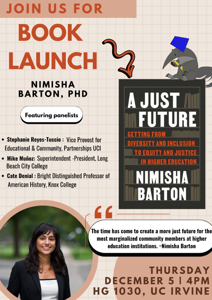 If you're in SoCal, join me for my official book launch on Thursday, Dec 5th at UC Irvine! The panel includes a conversation moderated by Dr. Angela Jenks (Associate Vice Chancellor for Equity, Diversity, and Inclusion, UC Irvine) and featuring Dr. Mike Muñoz (Superintendent-President, Long Beach City College), Stephanie Reyes-Tuccio, Ph.D. (Vice Provost for Educational & Community Partnerships, UC Irvine), and Dr. Cate Denial (Bright Distinguished Professor, Knox College).