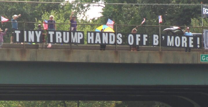 Gorman Rd/I-95 overpass on Fri 9/5 with the protest message “Tiny Trump Hands Off B’More!” 