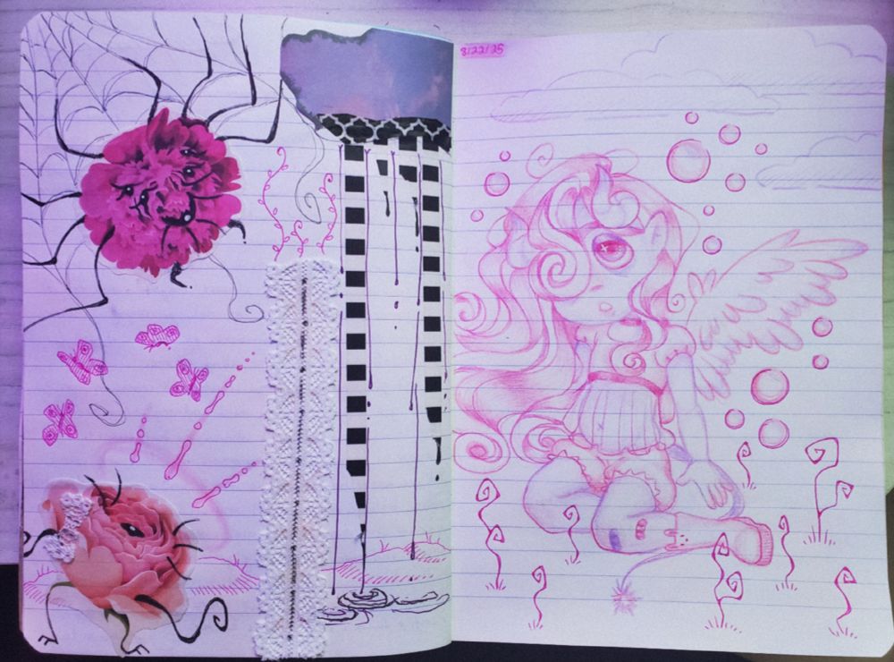 a journal spread. left page is a collage of flower stickers, lace, and paper, doodled over to resemble spiders and creatures. right page is a colored pencil drawing of some sorta fae child in spiral meadow with bubbles, entirely pink and purple.