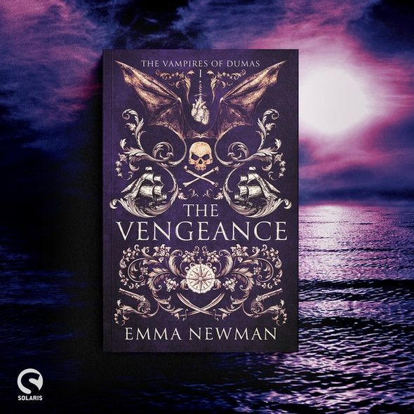 Cover of THE VENGEANCE, a novel by Emma Newman with background of purple skies and dark seas, with Solaris logo bottom left corner 