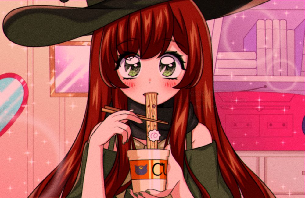 Green Witch eating noodles