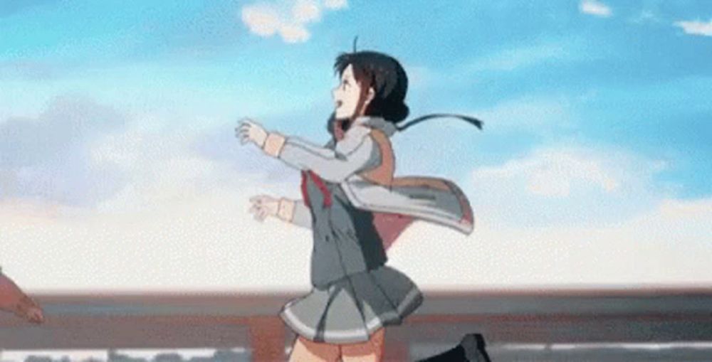 a girl in a school uniform is running across a field with her arms outstretched .