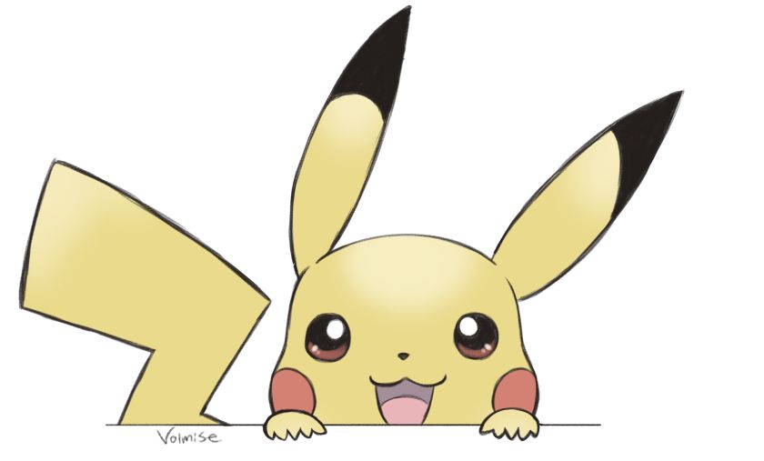 A colored fanart sketch of Pikachu. It is peeking up from the bottom of the screen and looking directly at the viewer with a big smile on its face.