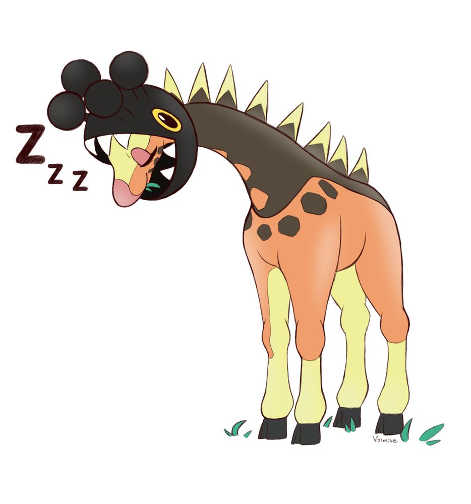 A colored fanart sketch of the Pokémon Farigiraf. It seems to have fallen asleep standing up while chewing on some grass.