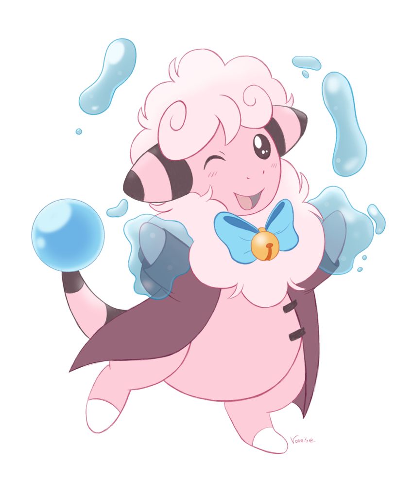 A colored fanart sketch of the Pokémon Flaaffy. It has the shiny coloration, except for the bulb on the end of its tail which is a bright blue. The Flaaffy is wearing a cute blue ribbon on its front featuring a golden bell, as well as a long mauve coat. It is winking and manipulating water using the move Hidden Power.