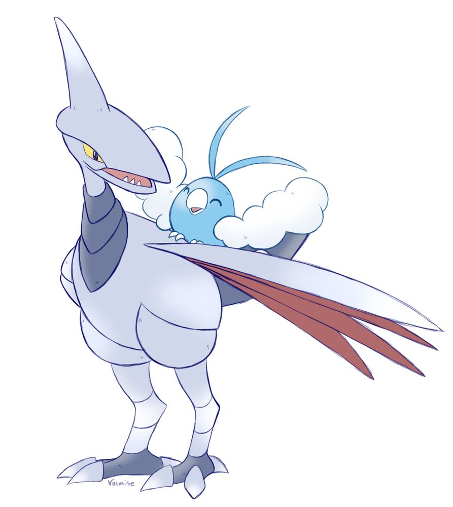 A colored fanart sketch of two Pokémon, Skarmory and Swablu. Swablu is resting on Skarmory's back with its wings up, while Skarmory looks back at it with adoration.