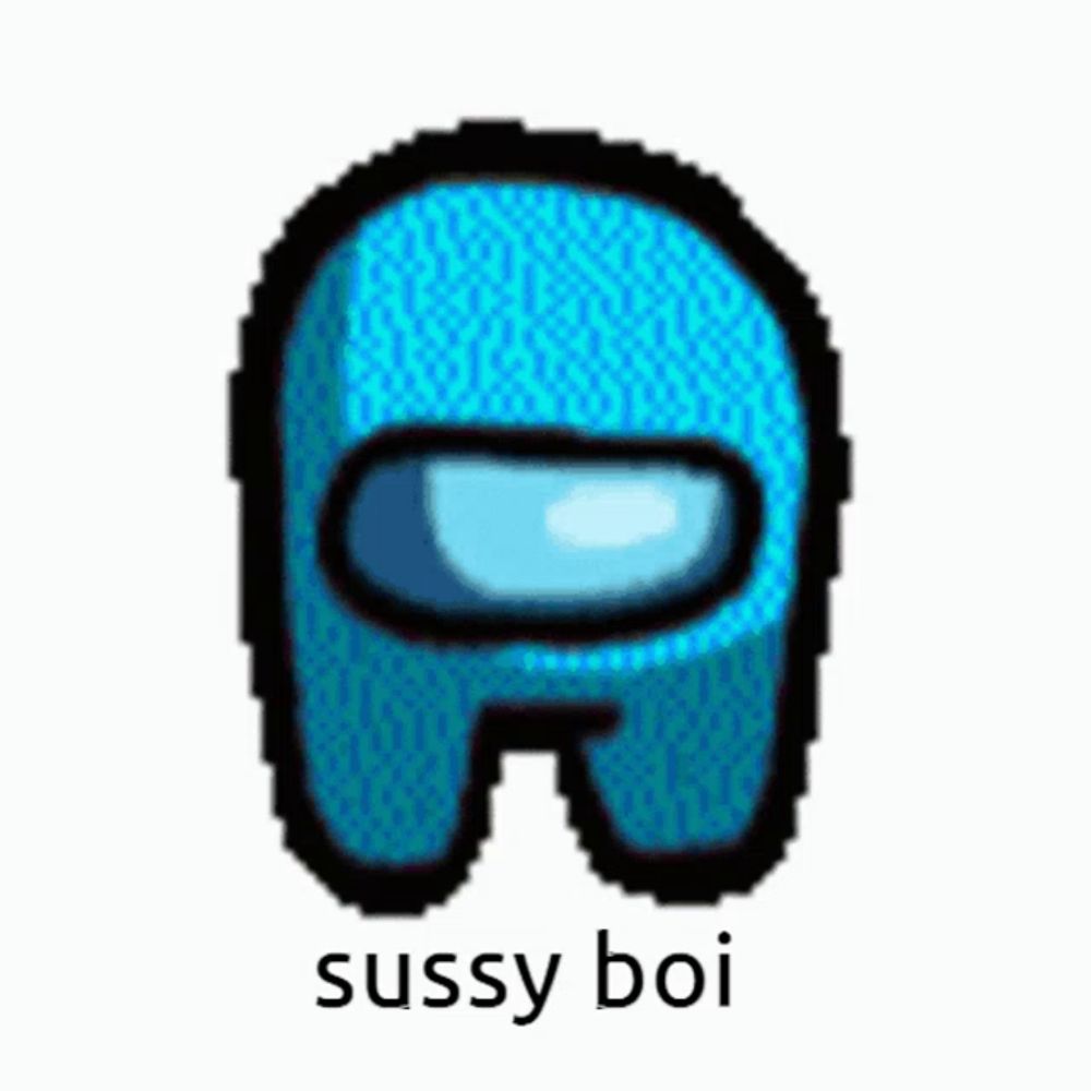 a pixel art of a yellow among us character with the words sussy boi written below it