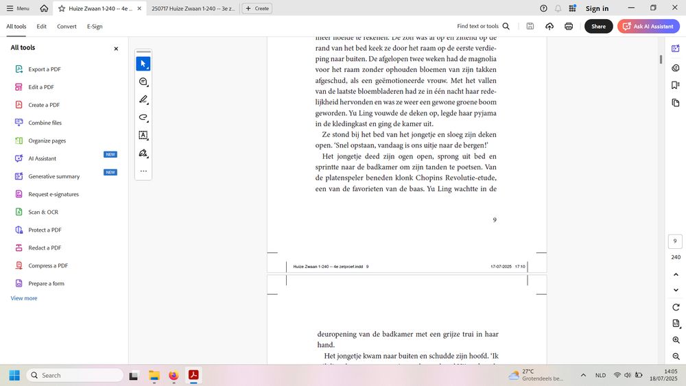 Screenshot van een drukproef. Van twee pagina's van een roman is een deel te zien, met allemaal opmaakinformatie er nog omheen.