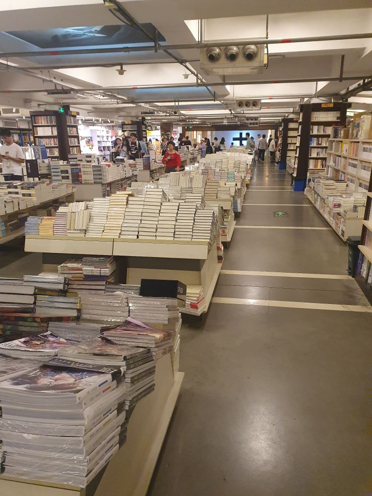 Binnen bij Librairie Avant-Garde. Vele tafels en kasten vol boeken.