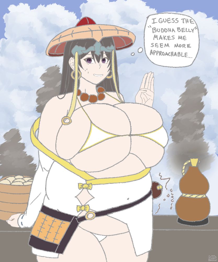 A large Xuanzang Sanzang from fate grand order with a large full belly and breasts with more food nearby.