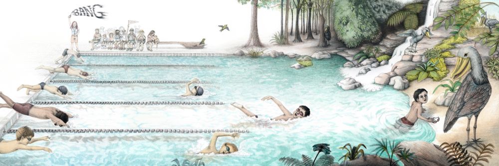 A 3 page spread picture book illustration showing a transition from, on the left, 5 boys diving in to start a freestyle swim race, in the middle, one boy pulling ahead but the pool and landscape are starting to change, and on the right, one boy arriving alone at a tropical shore facing a large strange bird.