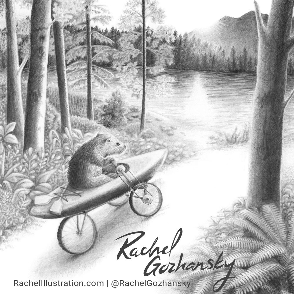 A black and gray illustration of a beaver operating his new invention—a bike boat. The beaver is biking through the forest to the river where he will kayak.