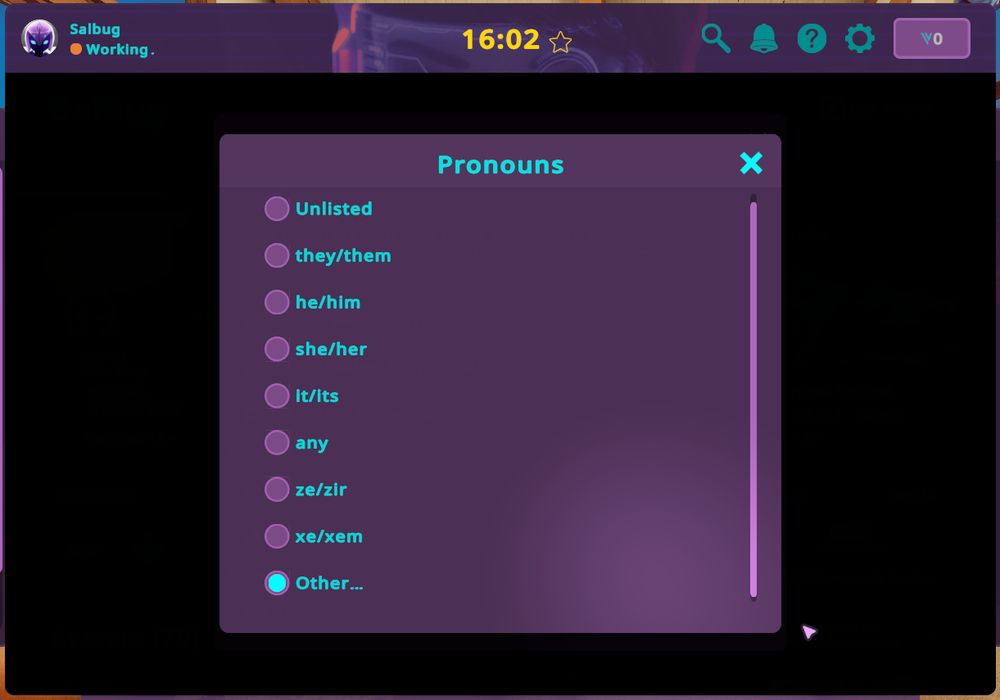 A screenshot of a Pronouns selection menu from the same interface. The menu features various radio-button options such as “they/them,” “he/him,” “she/her,” “it/its,” “ze/zir,” “xe/xem,” and more. The user has scrolled to the bottom of the list where an “Other” option is highlighted or selected. The overall interface retains the purple color scheme from the previous images.