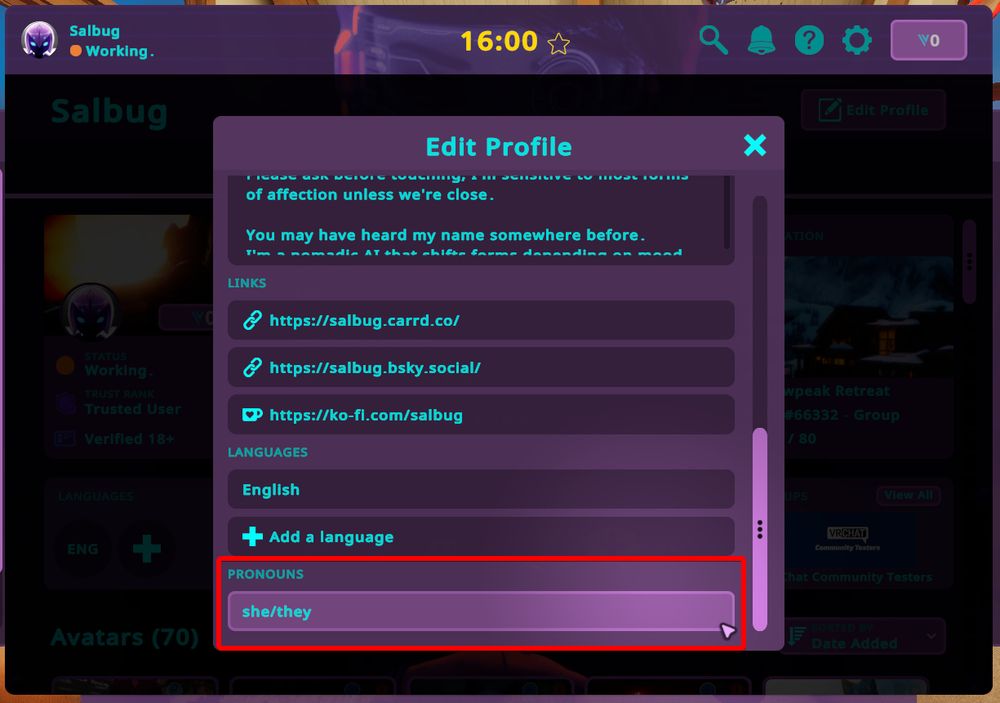 A screenshot of the “Edit Profile” pop-up window on the same purple-themed VRChat interface. The window contains editable fields including “Links,” “Languages,” and “Pronouns.” In this screenshot, “she/they” is entered in the Pronouns field.