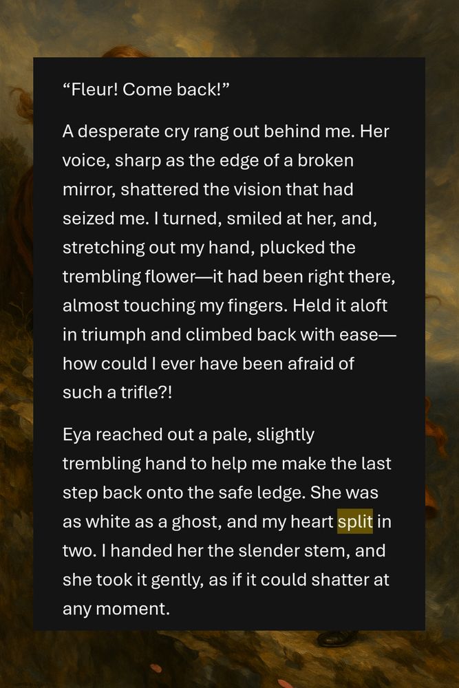 “Fleur! Come back!” 
A desperate cry rang out behind me. Her voice, sharp as the edge of a broken mirror, shattered the vision that had seized me. I turned, smiled at her, and, stretching out my hand, plucked the trembling flower—it had been right there, almost touching my fingers. Held it aloft in triumph and climbed back with ease—how could I ever have been afraid of such a trifle?!
Eya reached out a pale, slightly trembling hand to help me make the last step back onto the safe ledge. She was as white as a ghost, and my heart split in two. I handed her the slender stem, and she took it gently, as if it could shatter at any moment.