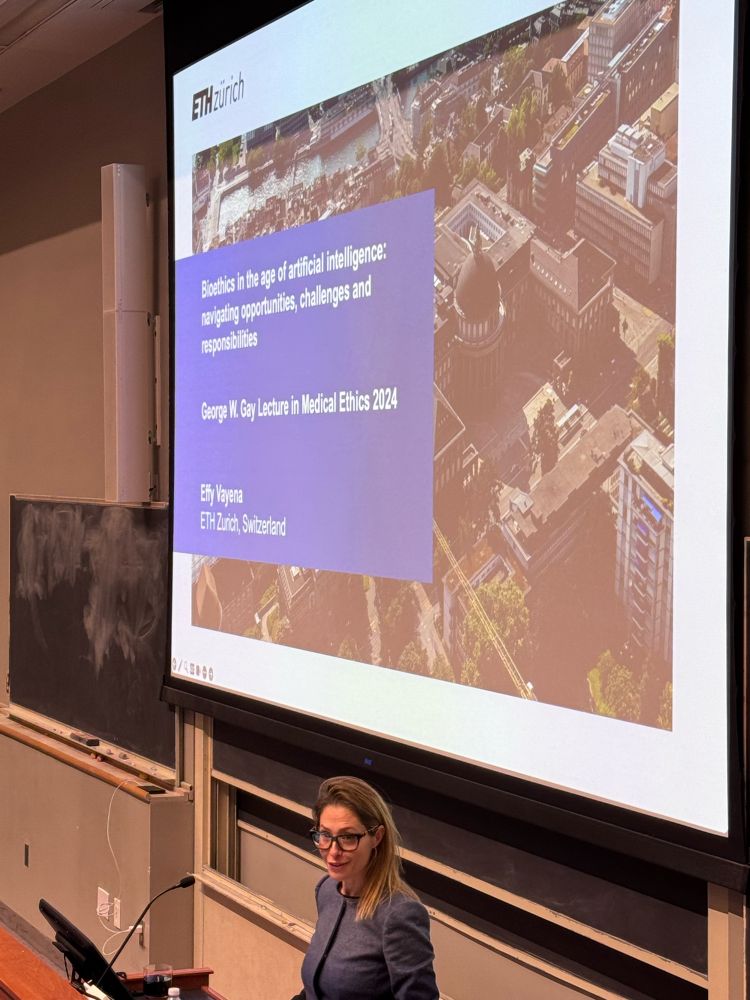 A photo of a lecture by Effy Vayena on the implications of AI for bioethics