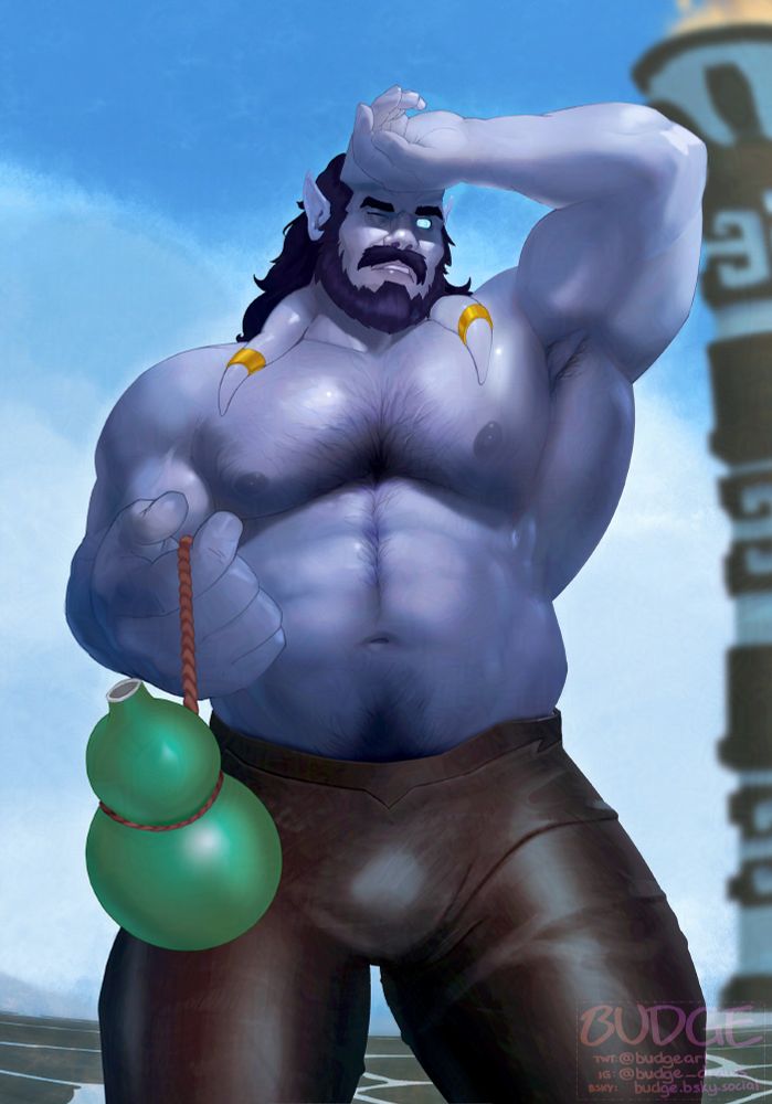 A purple/blue male Draenei is wiping sweat from his brow while offering a green wine gourd with his other hand. He is wearing brown leather pants and not much else. The point of view is from a low perspective as though the viewer is sitting on the ground