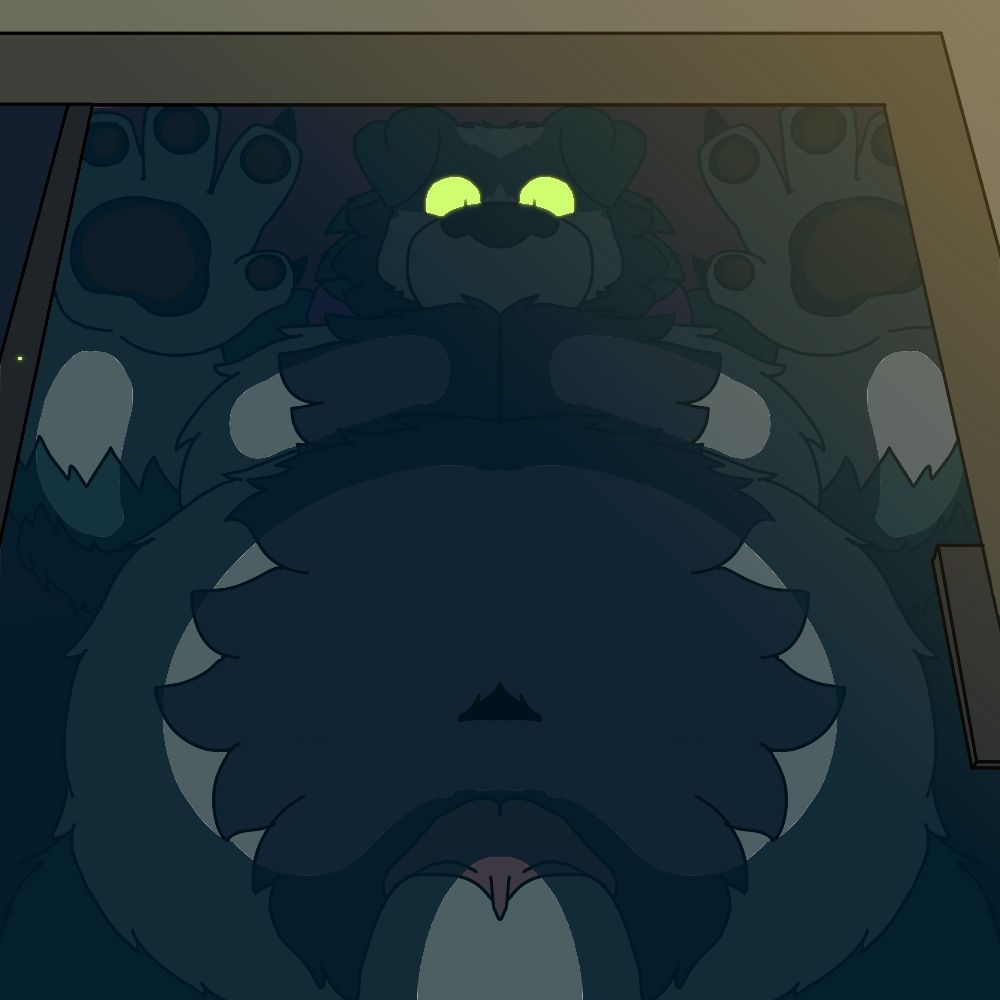 Pako pressing his belly against a glass sliding door, he stares at the viewer with an erection and intent