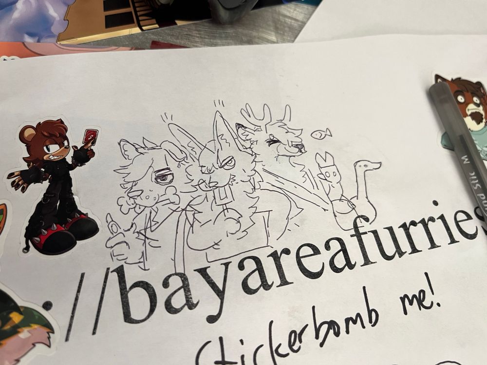 A doodle on a piece of paper showing three furries and a goose. First is a chill dog giving a thumbs up while chewing on a bone. Then is a lynx eating a popsicle while looking slay at the viewer. Then is a happy deer carrying a bag and waving! Then is a chill goose who drew the picture!