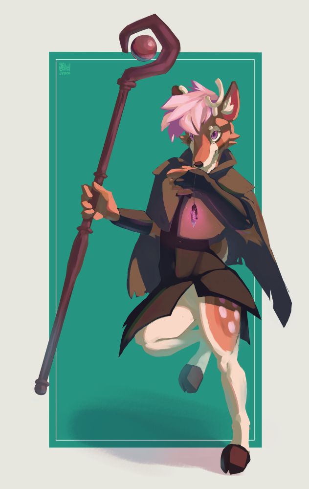 A pink anthro deer dressed in a brown tunic and cloak dashes along, holding a pink crystal and magic staff!