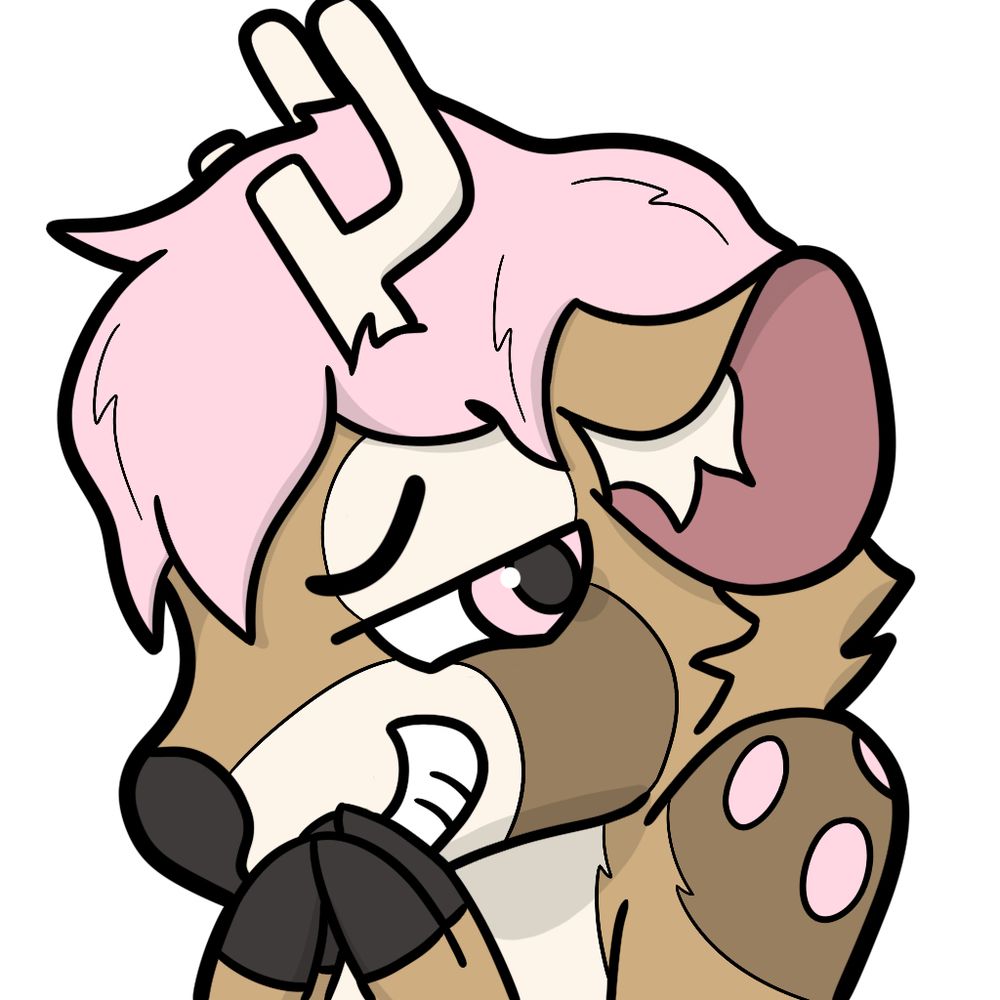 An eeeeeevil looking anthro deer with pink hair smiles evilly. And is steepling his hoof fingers together evilly