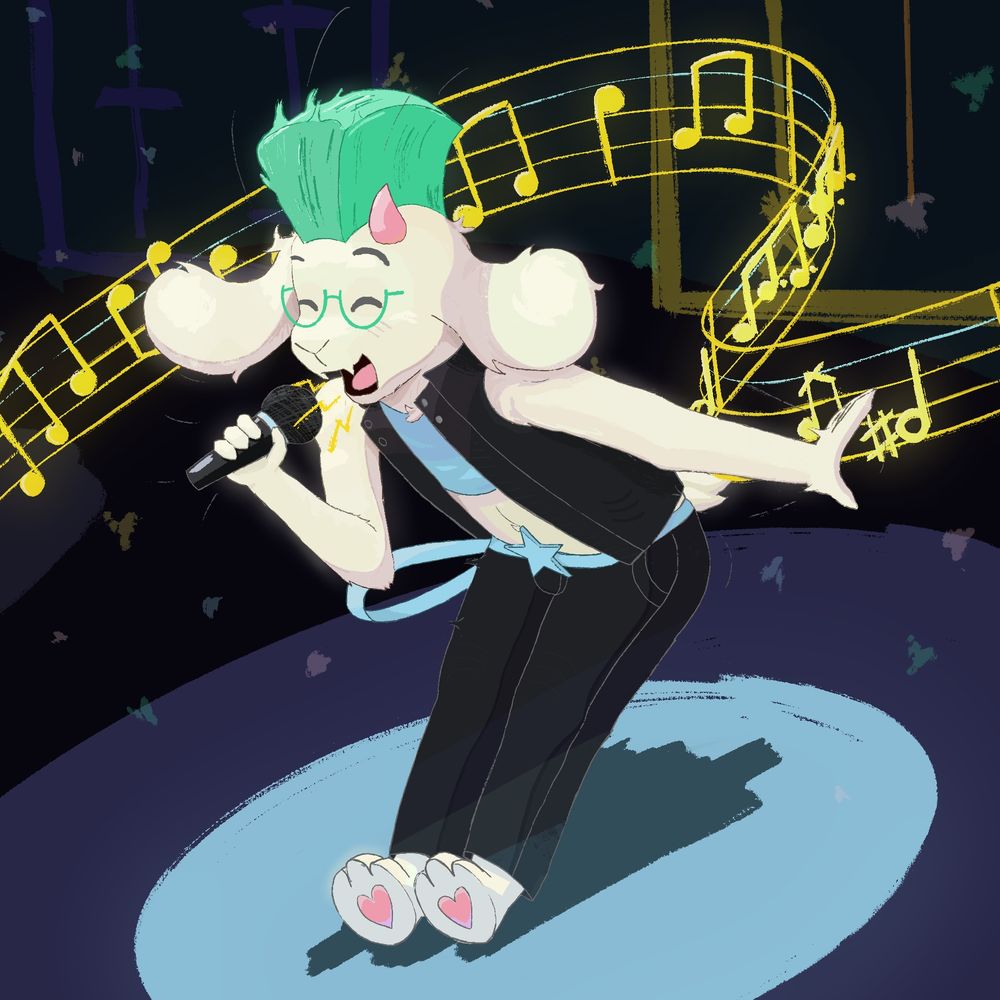 Fan art of Ralsei from Deltarune in his rocker outfit with a green Mohawk. He is happily belting into a microphone while throwing his head down and his arm + midriff backwards. There is a magical staff of notes floating behind him. 
