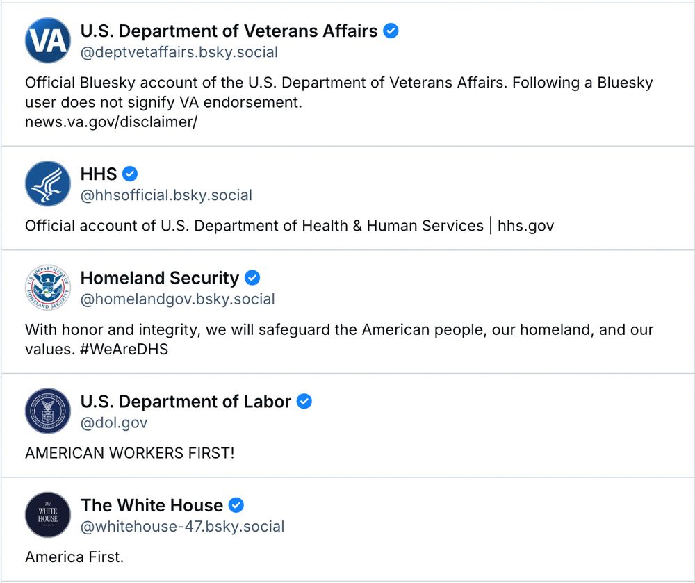 Many agencies including VA Dept, HHS, Homeland Security, Dept. of Labor, White House join bsky