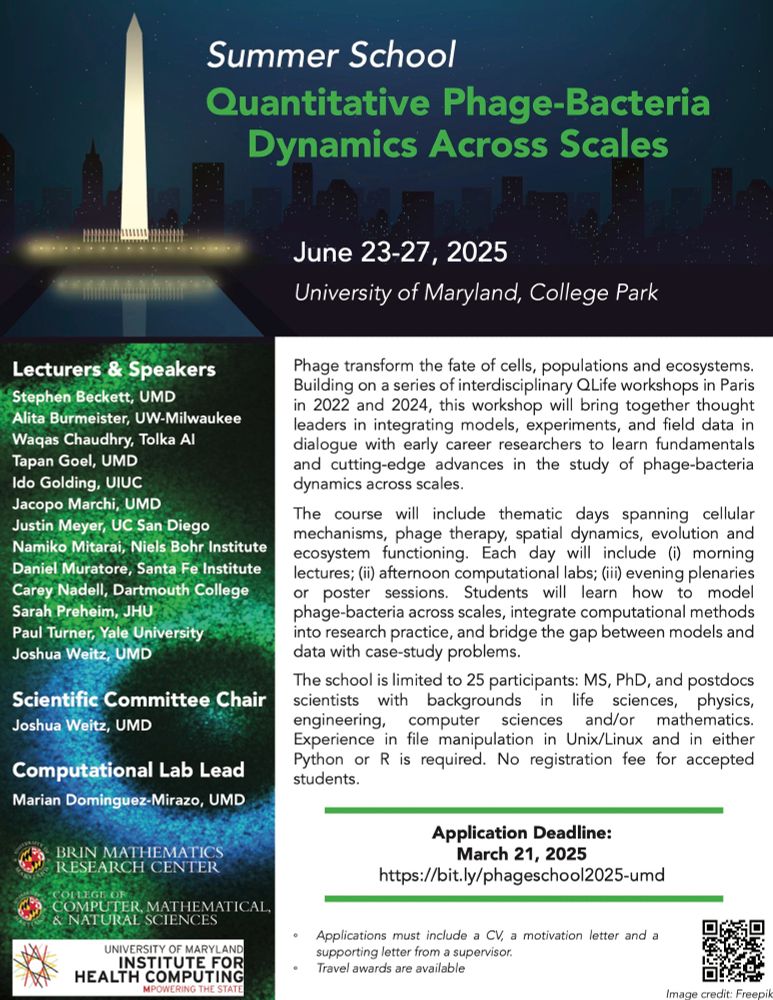 Summer School, Quantitative Phage-Bacteria Dynamics Across Scales
U of Maryland, College Park, June 23-27, 2025