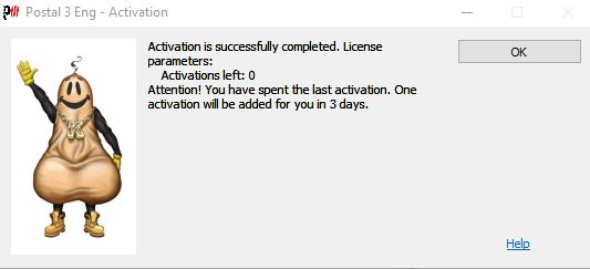 A picture showing a successful activation of the StarForce DRM on the recovered build of Postal III