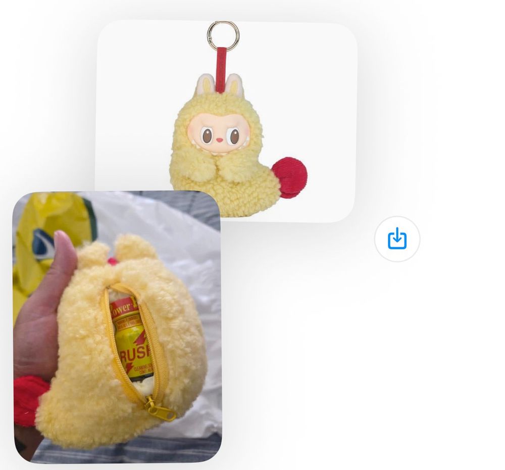 Picture of someone using a shrimp tempura labubu earphone case to hold poppers (brand: RUSH. Classic.)