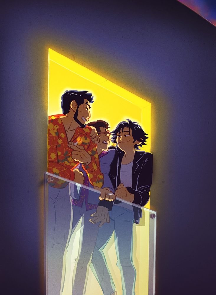 An apartment window at night. Kaito, Higashi and Yagami, illuminated from inside, are all crammed into the narrow window to smoke a cigarette. Higashi's forcing himself in between Kaito and Yagami, clearly grousing, one hand on Kaito's shoulder. Yagami remains unbothered by being pushed around, smiling insolently at Higashi.