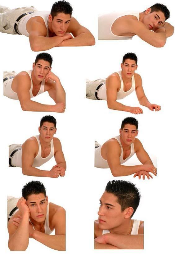 Various shots of the same man in a white tank lying on his stomach, posing for the camera. He's trying to look maybe cute or sensual but he can't quite hide the stupid jock energy. There's a lot of product in his hair.