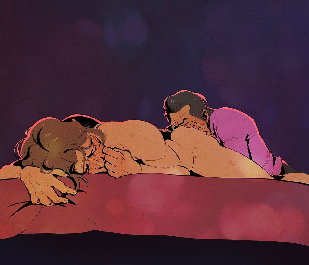 Nishiki getting eaten out by Awano. He's lying on his stomach, flushed face partically hidden behind a hand, elbow tucked in under himself. He's grabbing onto the edge of the mattress. Awano's spreading his him with both hands, going to town. 