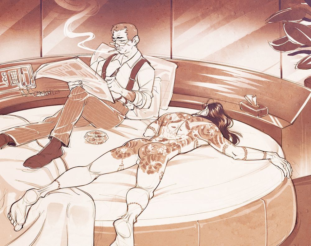 Sagawa and Majima are in a love hotel, the round bed unmade. Majima is completely naked, stretched out on his front, limbs dangling off the edge of the bed. There are indents of ropes all over his body. Sagawa's tie and jacket are gone. He's wearing suspenders and his rolled up sleeves reveal his irezumi. He's got has all the pillows propped against his back, smoking a cigarette as he's solving a crossword in the paper, unbothered.