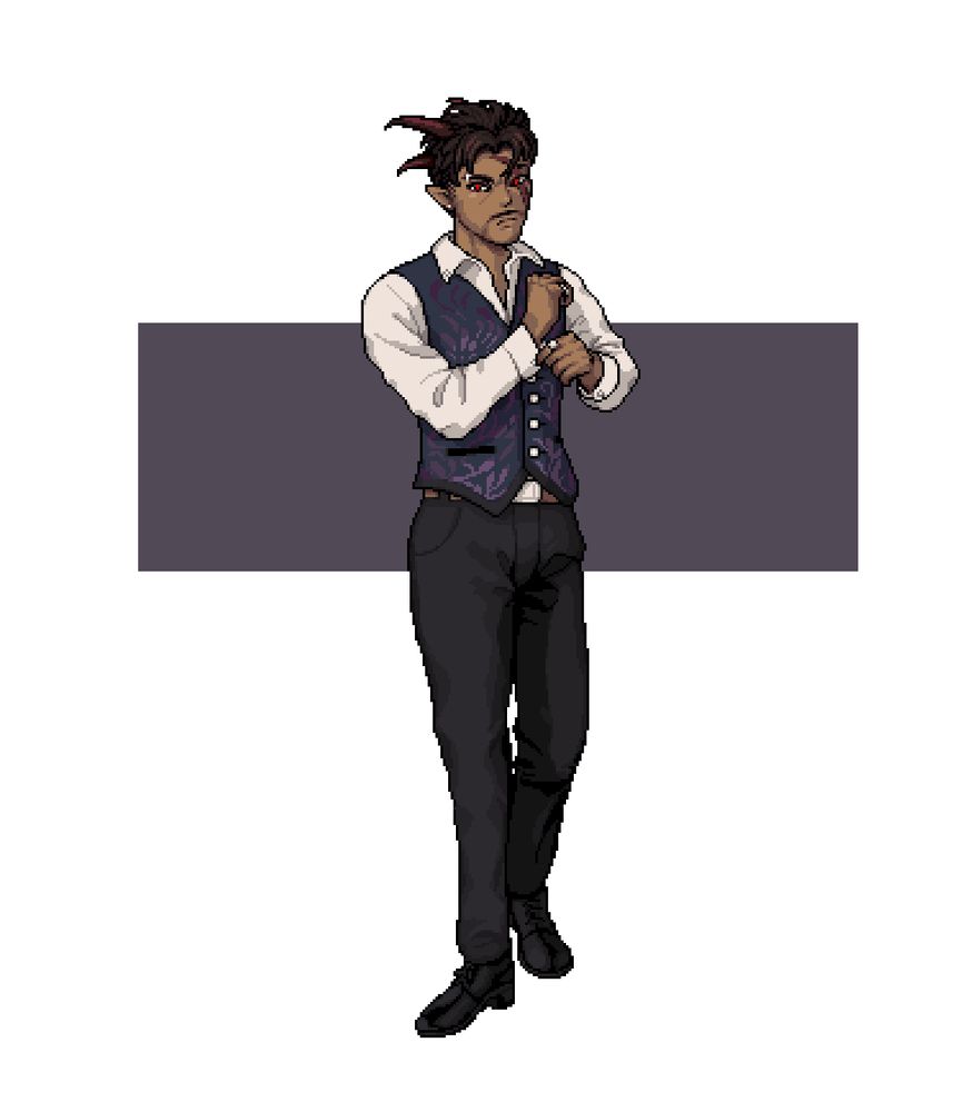 A pixel art piece of a man set on a white background. He has dark brown short hair with two sets of horns. He is wearing a purple suit vest and slacks. 