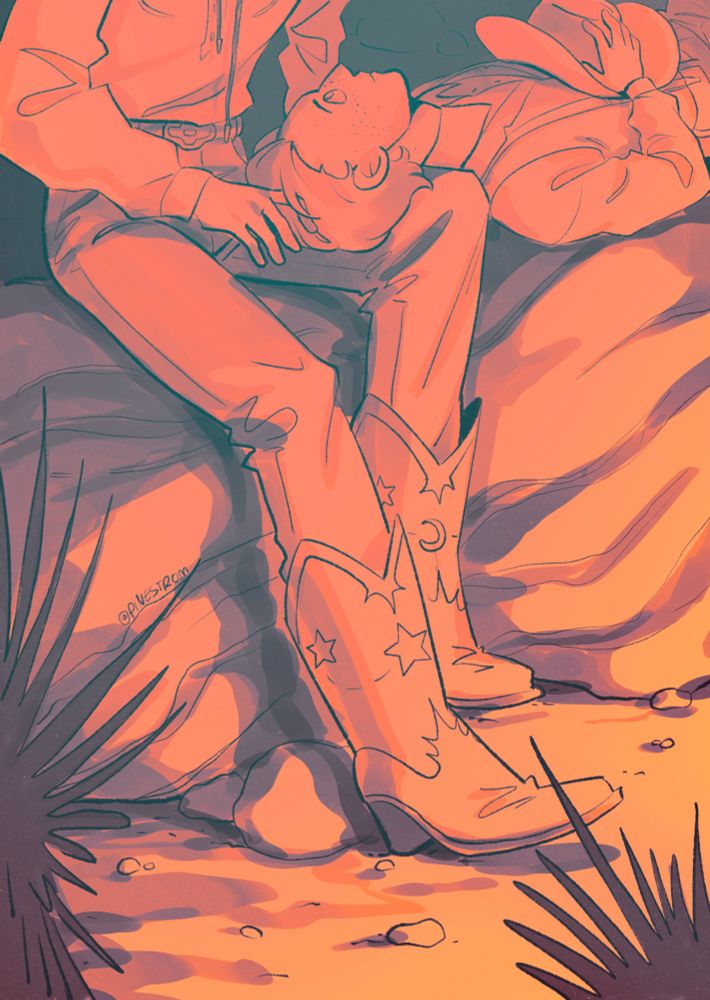 Orange and gray monochrome drawing of a cowboy resting his head on another's lap