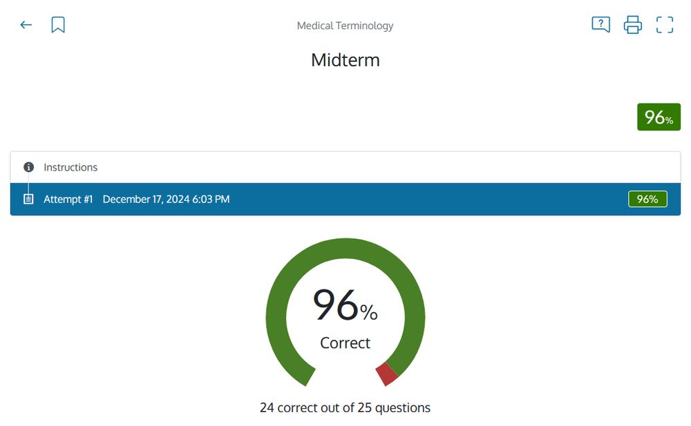 The results to Jeremy's midterm. They got a 96, answering 24 out of 25 questions correctly.