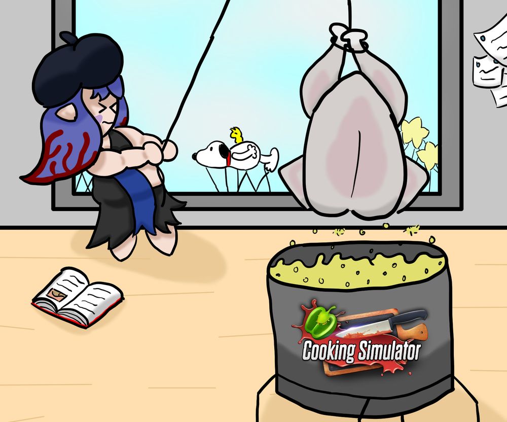 Timpani in a big kitchen, holding onto a thin rope that's attached to the ceiling and then tied to a turkey.  Using this setup, she's slowly lowering the turkey into a... large pot of... boiling cooking oil... um...