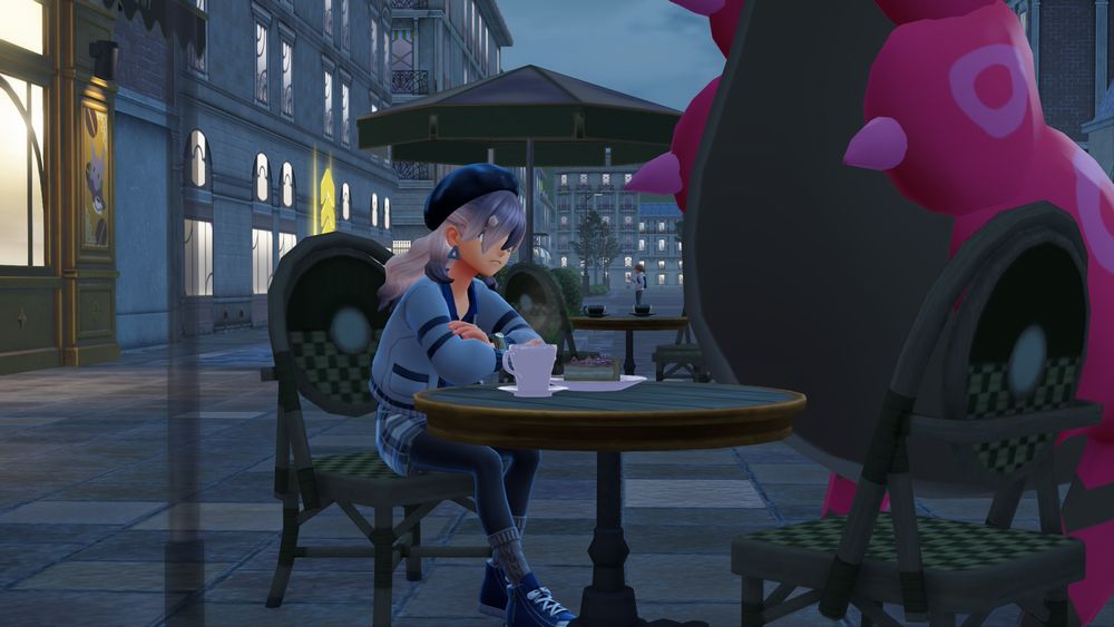 (Screenshot from Pokemon Legends L-A)

My character sitting at a Cafe table with  coffee and cake. Her Scolipede is standing by the table, so huge that only its tummy is visible in the photo.