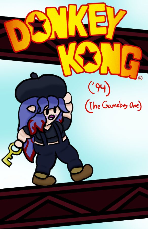 Timpani in an outfit similar to Mario, with the red elements changed to a deep blue.  She's walking along maroon girders in the style of Donkey Kong Arcade, holding a large key.