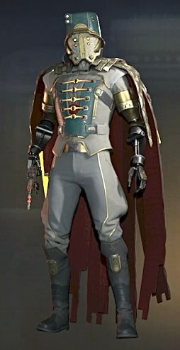 My protagonist in Outer Worlds 2. They have two prosthetic arms, a plasma pistol, a resplendent white military uniform and helmet with a red cape. Gorgeous.