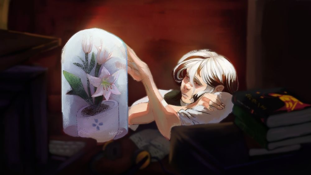 Ariane Signalis resting over her shoulder, still in her uniform, resting on her desk, she's watching with melancholy the white lily her mother gave her, barely touching the glass that keeps it safe. 