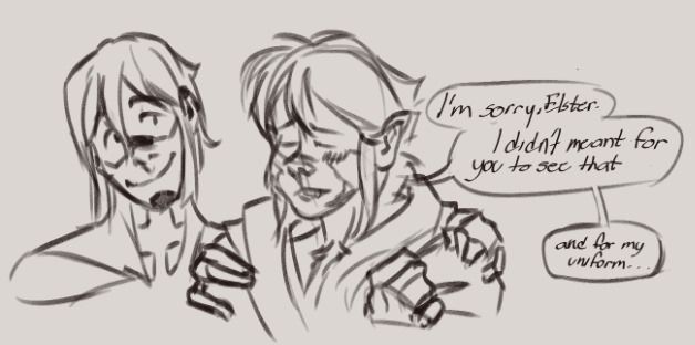Sketch of Elster smiling giving Ariane a blanked, there's still patches of fur on her face and neck, she has a little wolf nose and pointy ears. Ariane with a tired expression says "I'm sorry, Elster. I didn't meant for you to see that. And for my uniform..."
