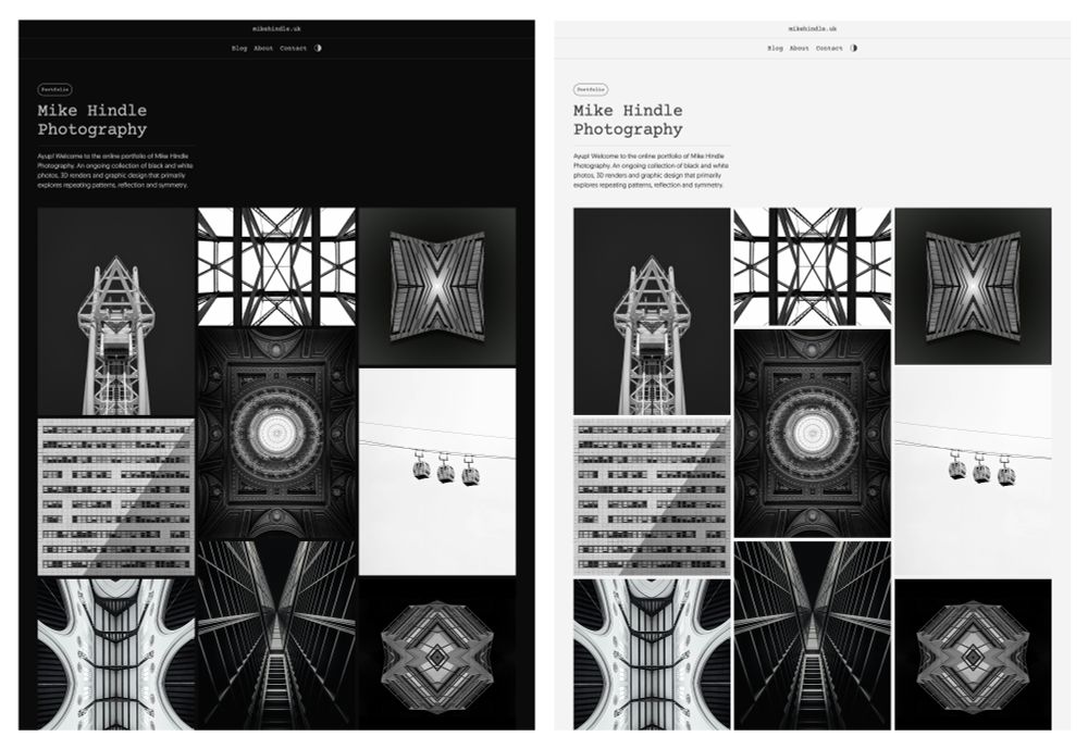A black and white photography portfolio website showing both dark and light mode versions.