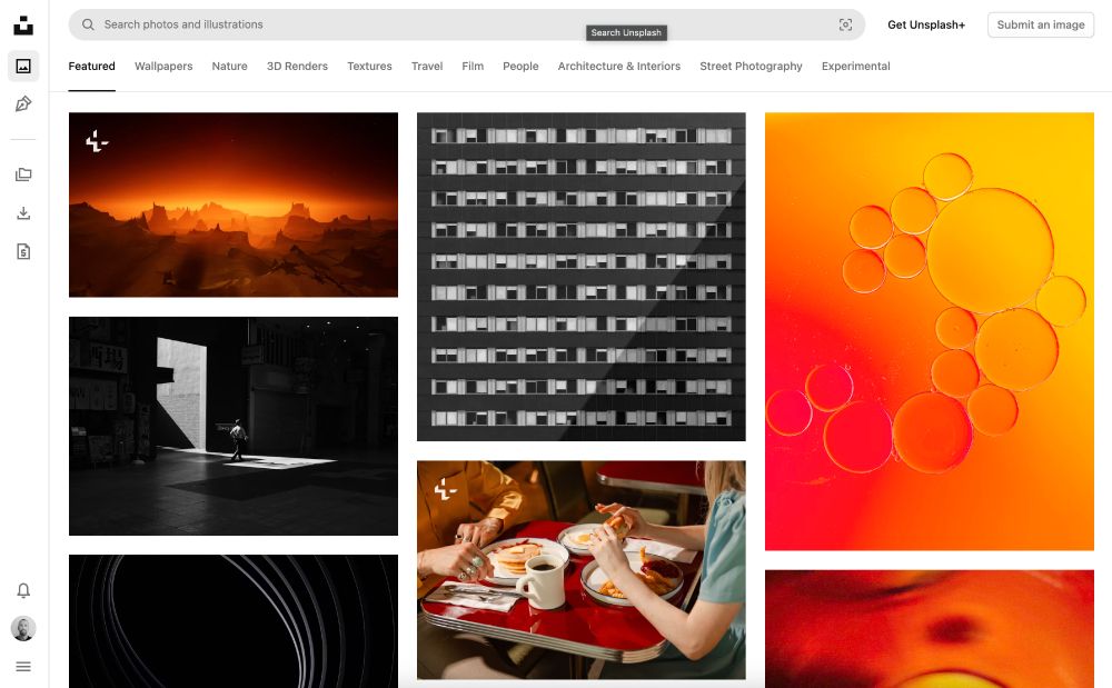 A screenshot of the Unsplash Homepage.