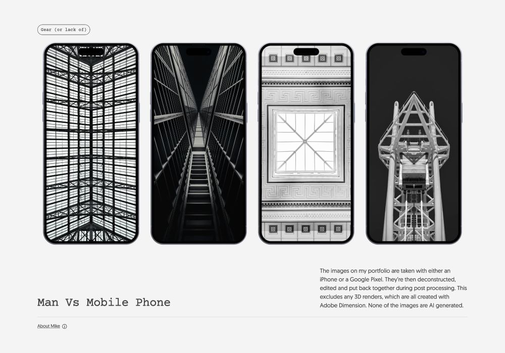 A screenshot of a website section with four iPhones with black and white photos on the screen.