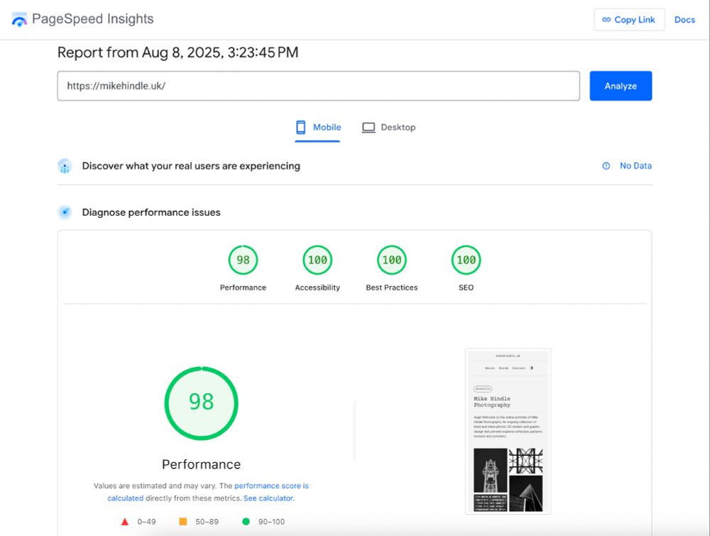 A screenshot of the mobile speed score for a website showing 98 out of 100 for performance.