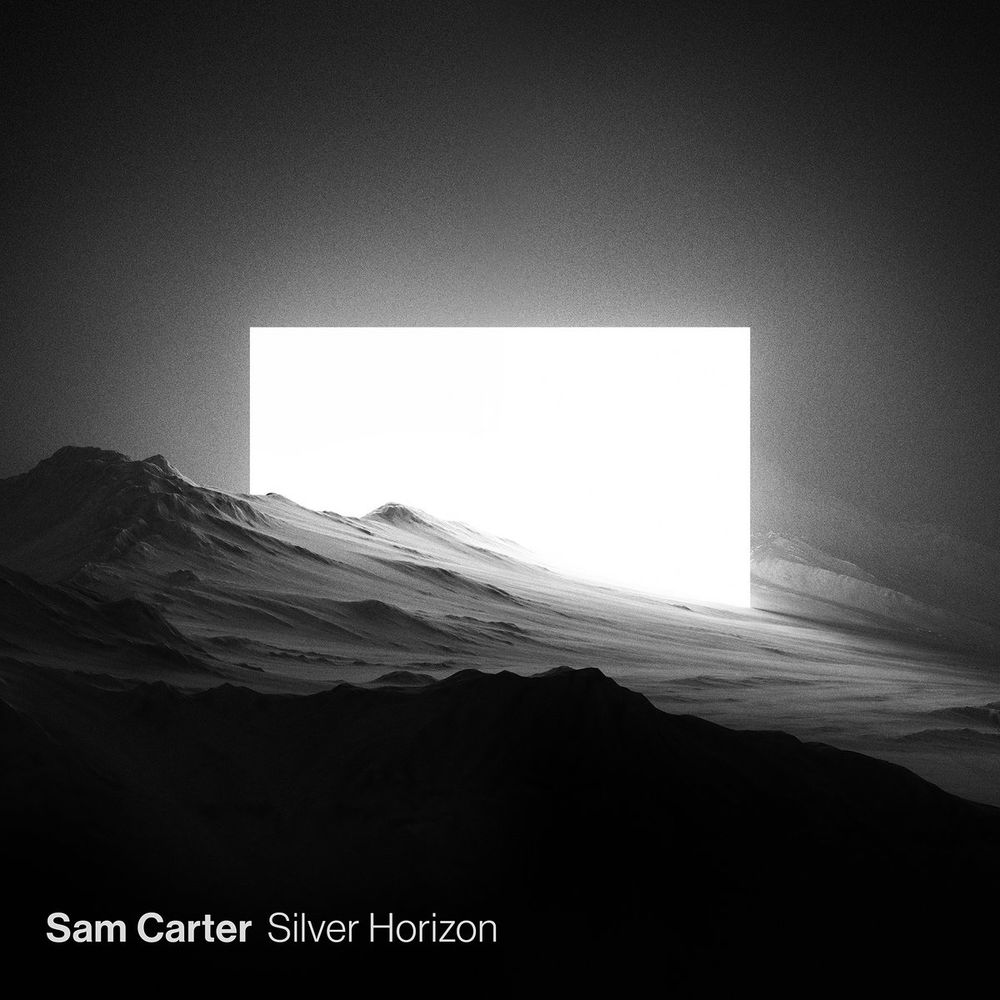 An abstract landscape scene in black and white with a glowing white square in the centre and mountains in the foreground.
