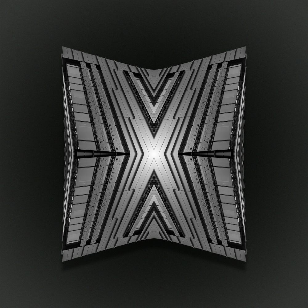 An abstract image of a college building reflected horizontally and vertically to create a perfectly symmetrical pattern with an X in the centre.