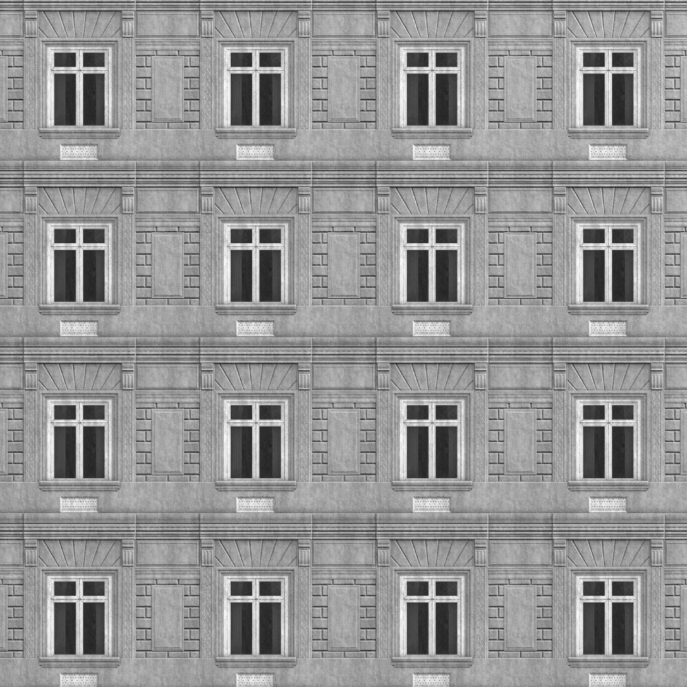 A 3d rendered image of a building facade with 16 identical windows and grey bricks.